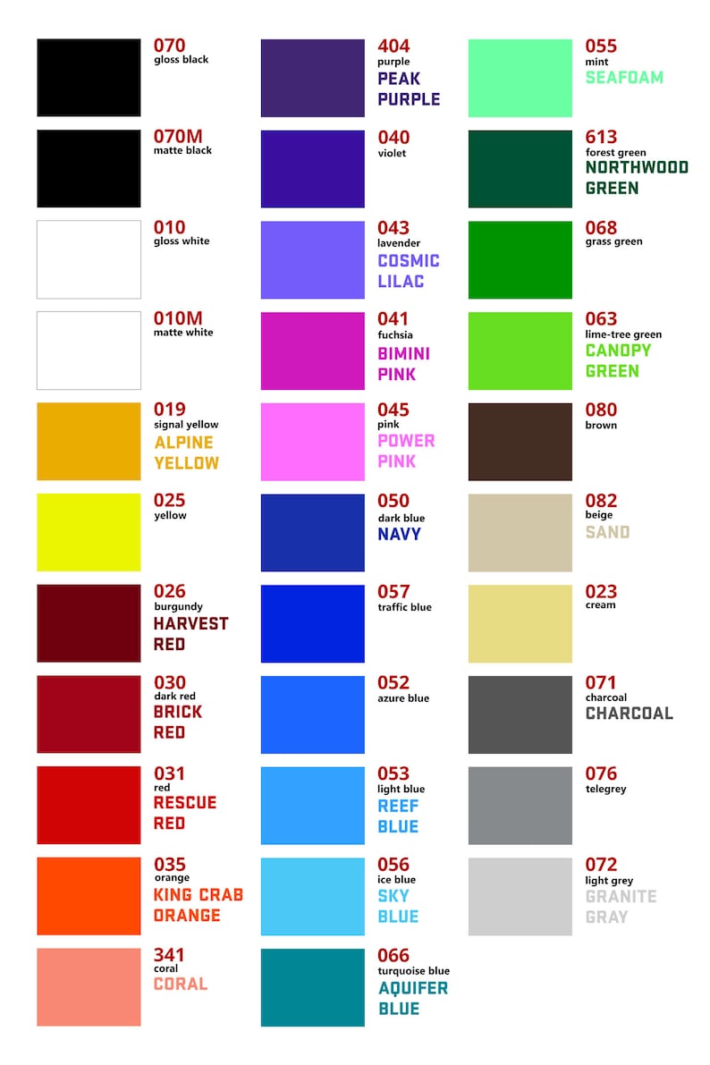 Puede incluir: Una carta de colores con 24 muestras de colores diferentes, cada una con un nombre y un n&uacute;mero. Los colores van del negro al blanco, con tonos de rojo, azul, verde, amarillo, naranja, morado, rosa y marr&oacute;n.