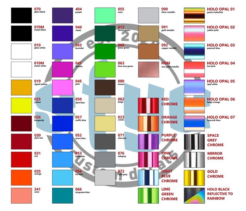 May include: A color chart with 72 different paint colors, including gloss black, matte black, gloss white, matte white, signal yellow, burgundy, red, orange, coral, purple, mint, forest green, lime green, beige, brown, charcoal, light grey, teal, turquoise blue, traffic blue, azure blue, dark blue, and silver metallic. The chart also includes 7 holographic colors with names like "Holo Opal 01" and "Holo Opal 07".
