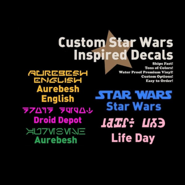 Star Wars! Aurebesh Decals! Waterproof! Sticks on Glass, helmets, metal, plastic, folders, desks and more. inspired by Star Wars Font