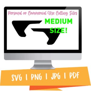 May include: A computer screen displaying a black graphic of a pair of wings. The text "Personal or Commercial Use Cutting Files" and "MEDIUM SIZE!" is displayed on the screen. The text "SVG I PNG I JPG I PDF" is displayed on a yellow banner below the computer.