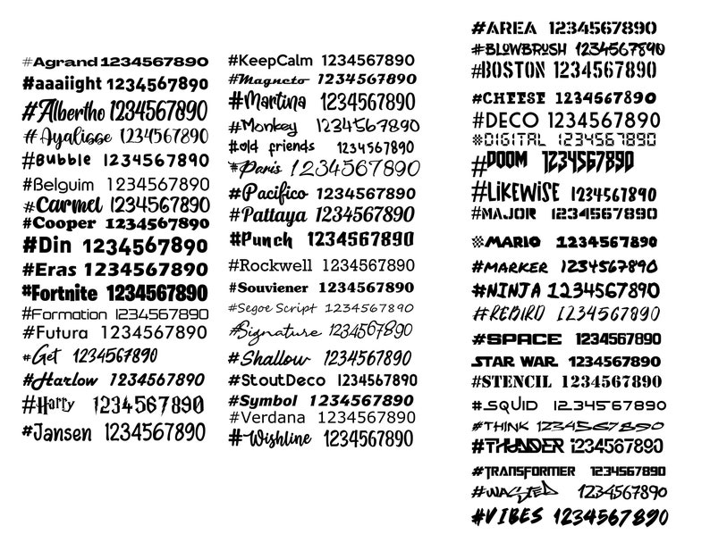 May include: A black and white image with a list of hashtags and numbers. The hashtags include names like Agrand, KeepCalm, Magneto, Martina, and more. Each hashtag is followed by the number 1234567890.