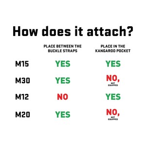 Puede incluir: Un gr&aacute;fico que muestra c&oacute;mo diferentes tama&ntilde;os de un producto se sujetan a una bolsa. El producto se puede sujetar a las correas de la hebilla o al bolsillo canguro. El gr&aacute;fico muestra "S&Iacute;" o "NO" para cada tama&ntilde;o y m&eacute;todo de fijaci&oacute;n.