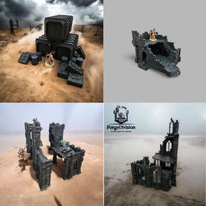 Puede incluir: Colección de piezas de terreno en miniatura de color gris oscuro, que incluyen estructuras modulares, barriles y cajas, adecuadas para juegos de mesa. La imagen muestra varias configuraciones ensambladas y componentes individuales.