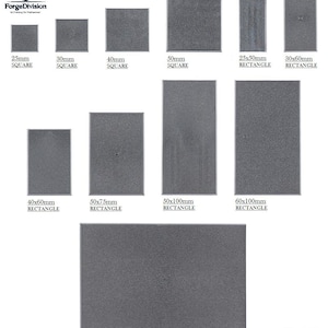 May include: A variety of grey, textured bases for miniatures, in square and rectangular shapes. Sizes are displayed in millimetres, from 25mm square to 150x100mm rectangle. The image includes text indicating the dimensions.