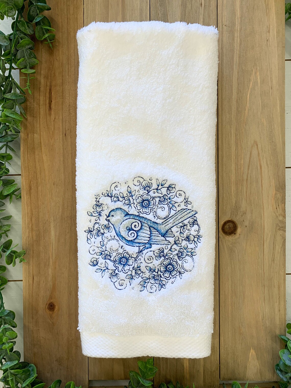 Embroidered Guest Bathroom White Cotton Hand Towel Blue Bird Etsy