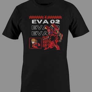 May include: Black t-shirt with a red and white graphic of a robot and a girl. The graphic includes the text "EVA 02" and Japanese characters.