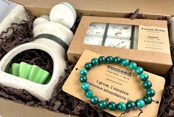 Succeed Gift Box: Malachite or Tigers Eye Bracelet, Forest Brew Wax Melts, Intention Bundle