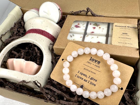 Love Gift Box: Rose Quartz or Rhodonite Bracelet, Honeyed Woods Wax Melts, Tea Lights, Warmer