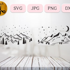 Winternacht met sterren SVG-bundel, sterrenhemel silhouet, besneeuwde kersttafereel, O heilige nacht vector, sterrennacht JPG, PNG dxf