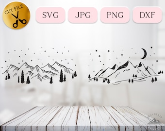 Winter Night with Stars SVG Bundle, Starry Mountain Sky Silhouette, Snowy Christmas Scene, O Holy Night Vector, Starry Night JPG PNG dxf