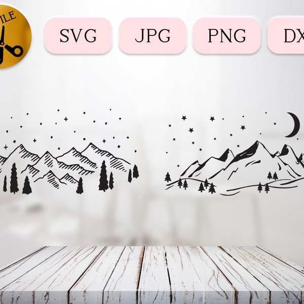 Winter Night with Stars SVG Bundle, Starry Mountain Sky Silhouette, Snowy Christmas Scene, O Holy Night Vector, Starry Night JPG PNG dxf