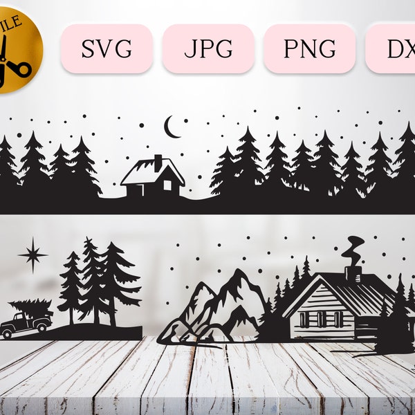 Winter Hütte SVG Bundle, Weihnachten Blockhütte SVG, Weihnachtsbaum Silhouette, Hütte Szene, verschneiten Winter Cottage Vektor schneit Dxf Jpg Png