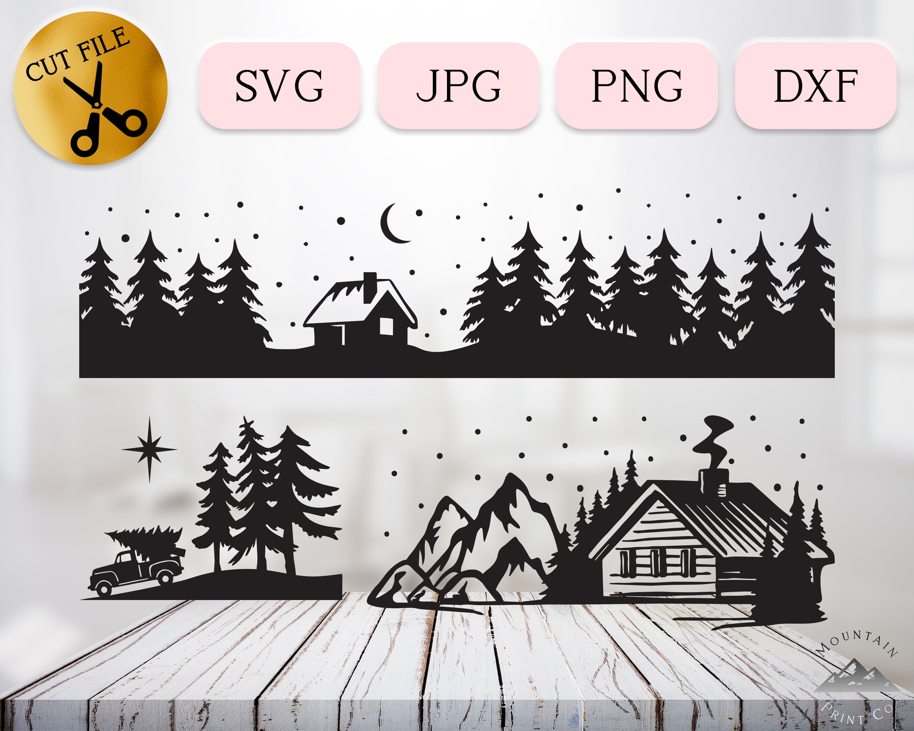 Winter Cabin SVG Bundle, Christmas Log Cabin Svg, Christmas Tree Silhouette,  Lodge Scene, Snowy Winter Cottage Vector Snowing Dxf Jpg Png - Etsy, image size:3000x2400