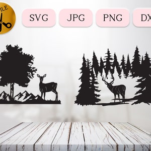 Cerf et biche Svg, Svg détaillé de mâle, cerf dans la silhouette de forêt, faune de scène d'été, cerf curieux Dxf, cerf de Virginie Clip Art Jpg Png