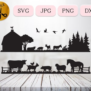Bundle Svg de scène d'animaux de ferme, silhouette de cheval de vache cochon Svg chèvre mouton, Clipart ferme, poulet Dxf, signe de la ferme Png, Ranch Animal Svg