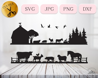 Farm Animal Scene Svg Bundle, Cow Pig Svg Goat Sheep Horse Silhouette, Farmhouse Clipart, Chicken Dxf, Farmhouse Sign Png, Ranch Animal Svg