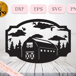 Framed Farm Sign Eps, Barnyard Scene Silhouette, Rural Home Svg Cricut, Farmer Metal Art Cut File, Farmhouse Birds Forest Vector PNG Cnc Cut