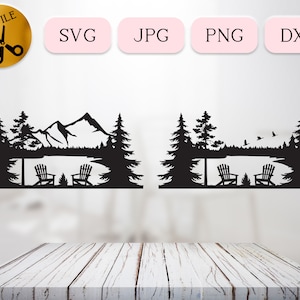 Bundle SVG de chaise Adirondack de scène de lac, Svg de feu de camp d'Adirondack, silhouette de vie de lac, Svg d'escapade de forêt, téléchargement instantané de camping Dxf Png
