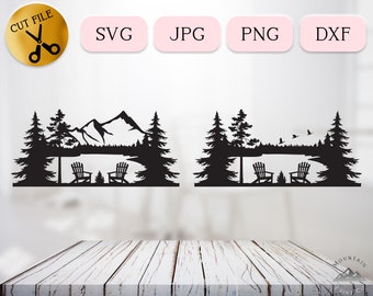 Lake Scene Adirondack Chair SVG Bundle, Adirondack Campfire Svg, Lake Life Silhouette, Forest Getaway Svg, Camping Instant Download Dxf Png