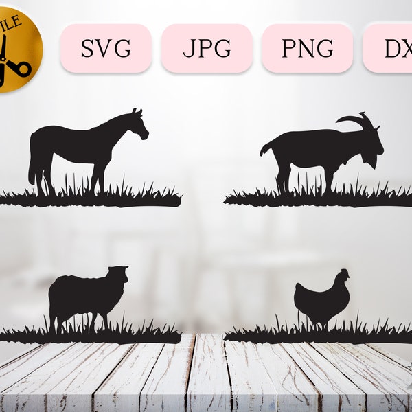 Farm Animal Silhouettes Vector Bundle, Woolly Sheep Svg, Goat Dxf, Horse Standing Grass Svg, Chicken Clipart, Hen Grazing Png, Livestock Png