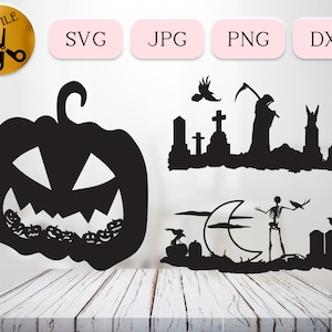 Halloween Svg bundel Cricut, Spooky Pumpkin Silhouette, Grim Reaper Clipart, Skeleton Night of Dead Svg, grafsteen Dxf, Haunted Night Png