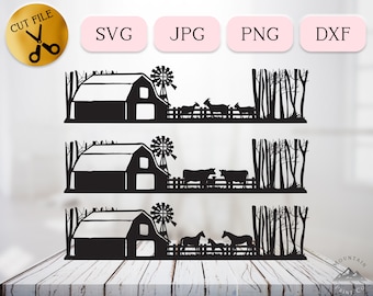 Ensemble Svg fermier ranch, Silhouette de grange de ferme, Svg animal de basse-cour, Svg de scène agricole, Clipart cheval vache chèvre, sauvetage équestre Dxf Jpg Png