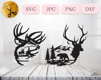 Woodland Deer Silhouette SVG Cut File Bundle, Mountain Landscape Scene, Bear Forest, Adventure Vector, Vinyl Decal svg, Nature, JPG, PNG dxf
