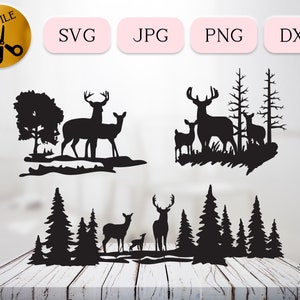 Buck and biche en forêt Svg Bundle, téléchargement numérique de scène de cerf de la forêt, cerf famille Silhouette Cricut, animaux sauvages de la forêt de pins Png Dxf