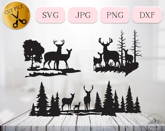 Buck and Doe in Forest Svg Bundle, Forest Deer Scene Digital Download, Deer Family Silhouette Cricut, Pine Tree Woods Wild Animals Png Dxf