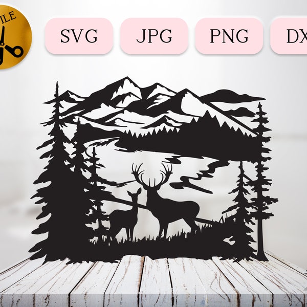 Mountain River Scene Svg, Deer Couple, Mountain Wildlife Silhouette, Camping Svg Cricut, Summer Hiking Svg, Wild Buck and Doe Png Jpg Dxf