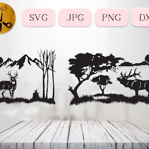 May include: Black and white silhouette design featuring a deer and a mountain scene on the left and an elk and a tree on the right. The design is perfect for creating a nature-themed craft project.