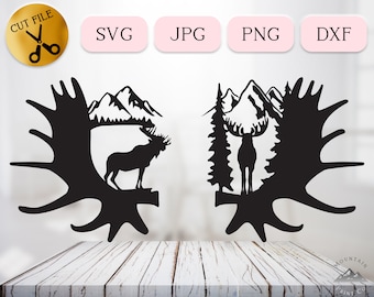 Moose Antlers SVG Bundle, Winter Mountain Silhouette, Moose dxf, Nature Scene Vector, Outdoor Lake svg, Christmas Ornament svg JPG PNG dxf