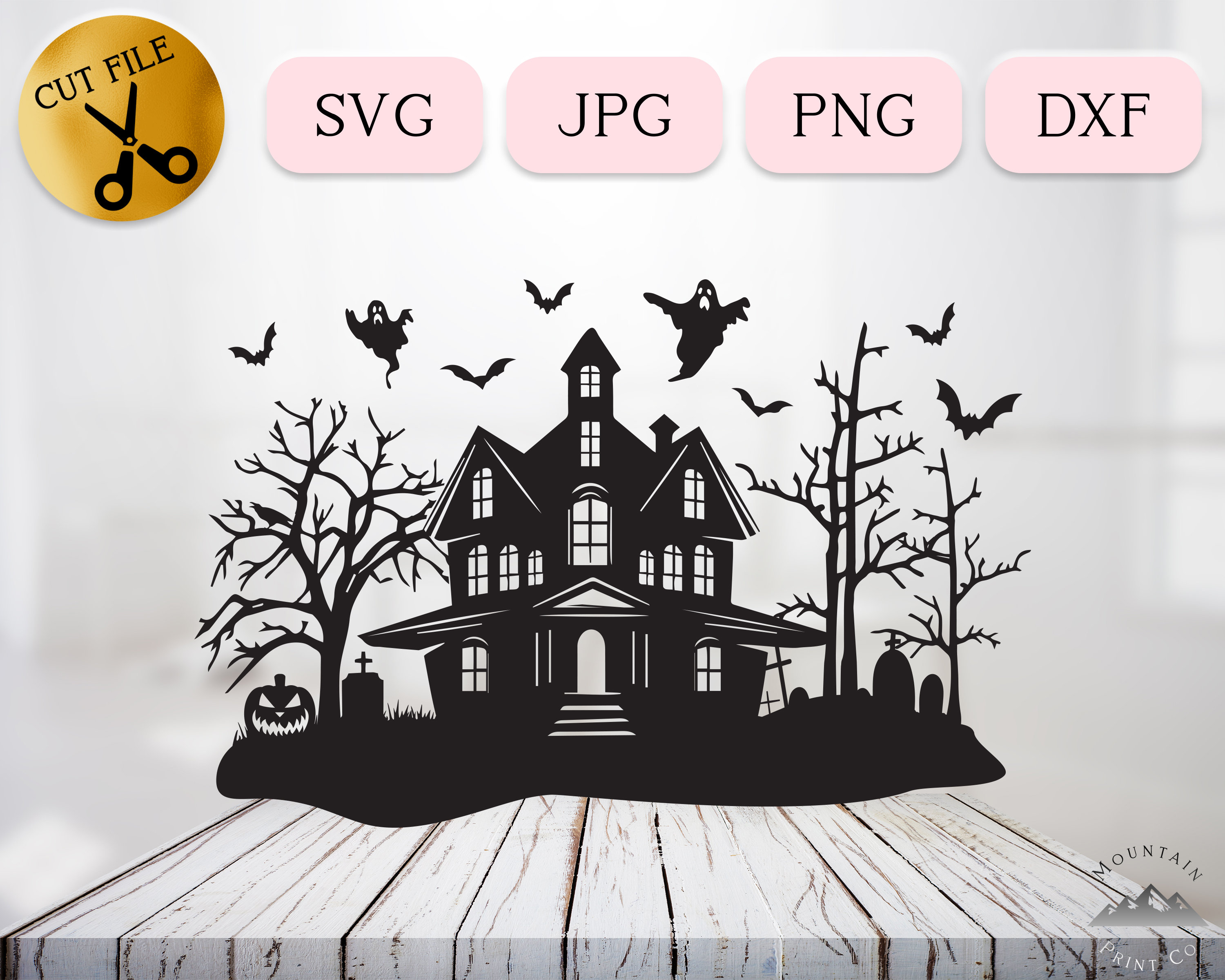 Grand Haunted House Svg, Halloween Manor Clipart, Graveyard Horror Scene Dxf, Haunted Mansion Decoration Png, Spooky Mansion Silhouette Png