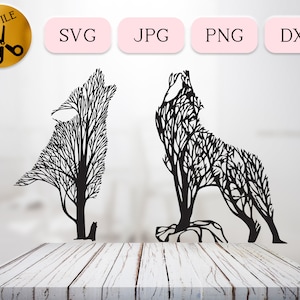 Może przedstawiać: Dwa czarne sylwetki wyjącego wilka, wykonane z gałęzi drzew. Wilk po lewej stronie jest zwrócony w lewo, a wilk po prawej stronie jest zwrócony w prawo. Obrazy są na białym tle.