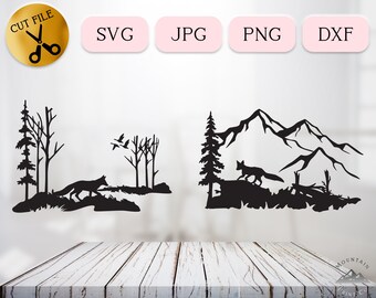 Wild Fox Hunting SVG Bundle, Baby Fox Forest Silhouette, Woodland Fox DXF, Outdoor Hunting Season Vector, Wildlife Nursery Mountain JPG png