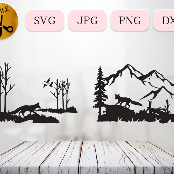 Wild Fox Hunting SVG Bundle, Baby Fox Forest Silhouette, Woodland Fox DXF, Outdoor Hunting Season Vector, Wildlife Nursery Mountain JPG png