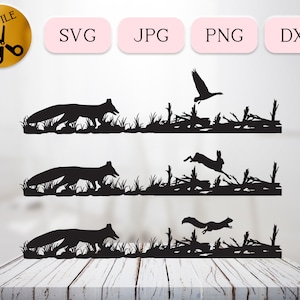 Renard chassant le lapin Svg, renard chasing scène de canard, renard et écureuil chasse Svg, Silhouette de proie de renard, renard scène Vector Clipart Fox Png Dxf Jpg