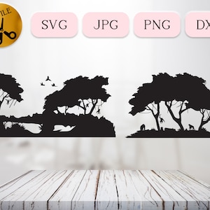 May include: Black silhouette of two jungle scenes with trees, vines, and monkeys. The scene on the left has birds flying above the trees. The scene on the right has monkeys swinging from the trees and on the ground.