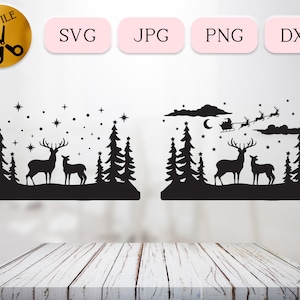 Winter-Szene-Svg-Schnitt-Datei, Weihnachten Reh-Svg für Cricut, Verschneite Weihnachts-Svg-Szene, Winter im Freien Weihnachtsbaum SVG, Schnee schneit Dxf Png