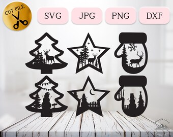 Deer and Snowman SVG Bundle, Theme Winter Clipart, Winter Forest Scene, Winter Mitt Svg, Christmas Star Vector, Christmas Sign Png Jpg Dxf
