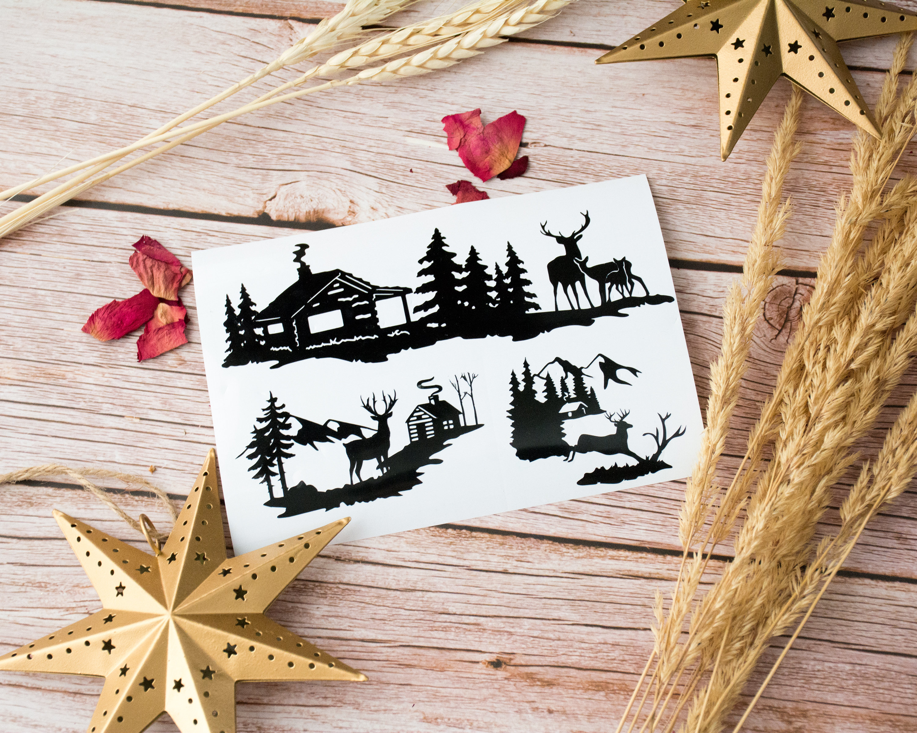 3 Winter Log Cabin SVG Bundle, Outdoor Svg Cabin Silhouette in Forest ...