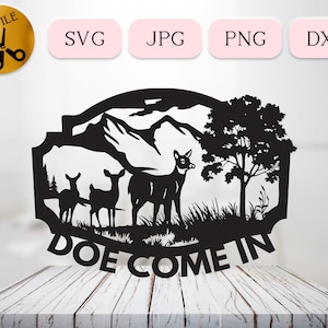Biche en SVG, Silhouette de cerf des bois, vecteur de famille de forêt de cerfs, fichier découpé au Laser Nature paysage, panneau de bienvenue Punny Svg JPG PNG dxf