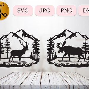 May include: Black silhouette of a deer and a moose standing in front of a mountain range with pine trees. The animals are facing the left side of the image.