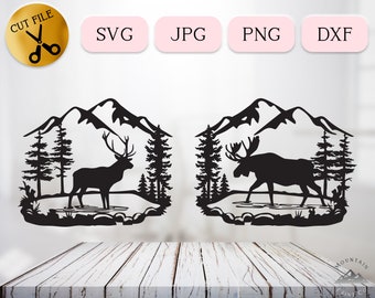 Rocky Pond Animal Scenes SVG, Wilderness Silhouette, Elk svg for Cricut, Moose dxf Vector, Mountain Nature Landscape, Forest Pond jpg png