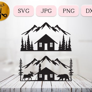 Blokhut in het bos Svg-bundel, berghut silhouet, vakantiehuis clipart, buitenscène dxf, boshut vector jpg png dxf