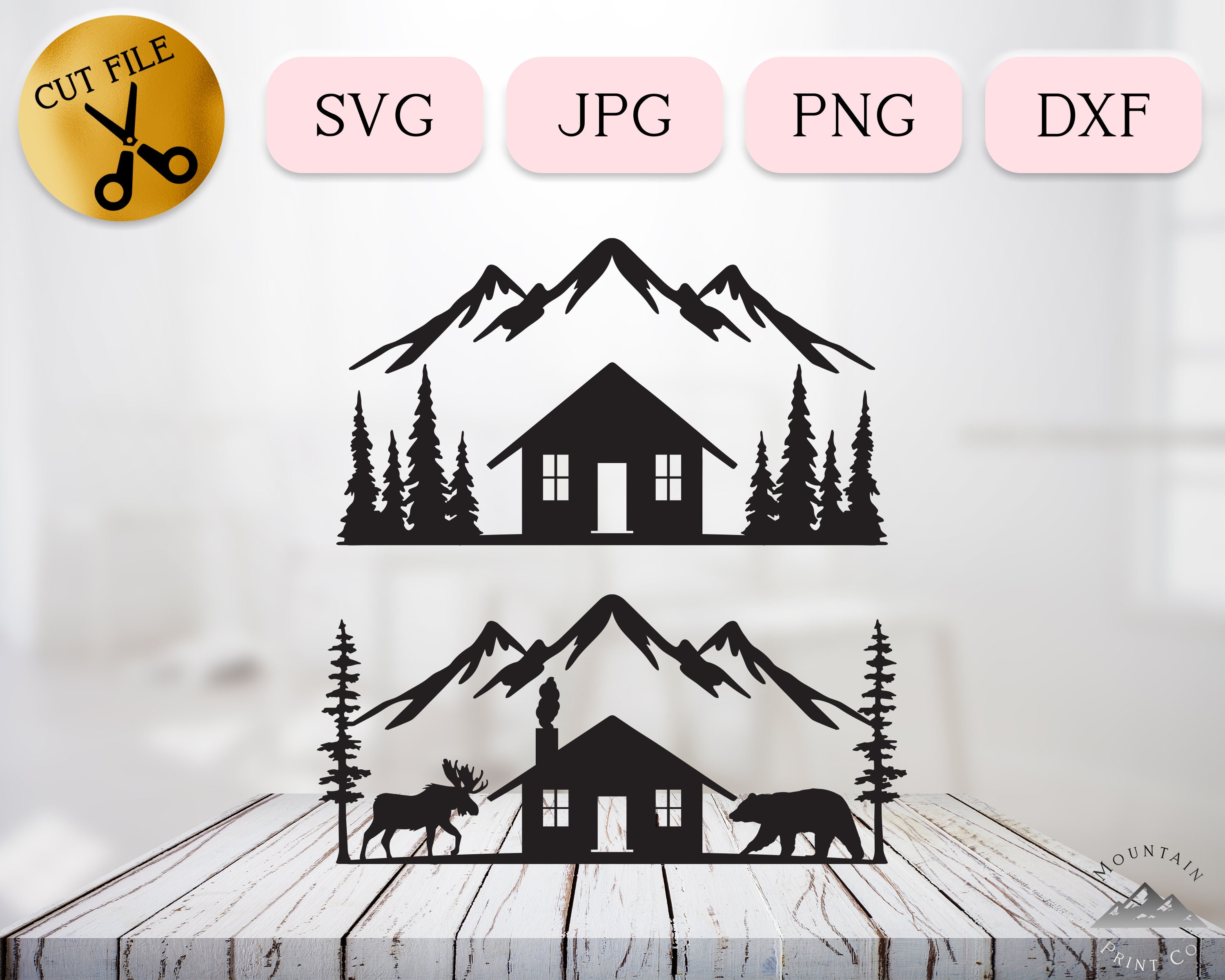 Log Cabin in the Woods Svg Bundle, Mountain Cottage Silhouette, Vacation Home Clipart, Outdoor Scene Dxf, Forest Cabin Vector Jpg Png Dxf