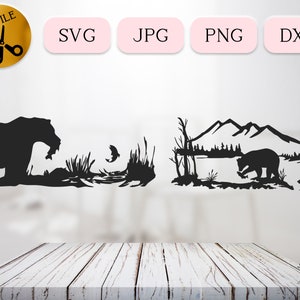 Ours attrapant du poisson SVG. Scène de pêche à l'ours brun, ours avec du saumon dans la bouche Dxf, Cricut vectoriel de Wild Bear River, chasse au poisson sauteur PNG JPG