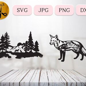 Bundle SVG renard sauvage des bois, Silhouette paysage Nature forêt, coucher de soleil en plein air scène Cricut coupe fichier, clipart bébé renard, Tribal JPG PNG dxf