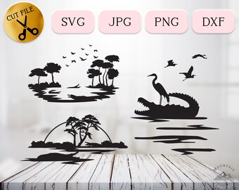 Crocodile Scene SVG Bundle, Swimming Crocodile Vector Svg, Swamp Svg, Safari Croc Svg, Alligator Silhouette, Bird on Crocodile Png Dxf Jpg