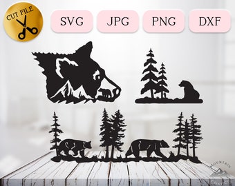 Grizzly Bear SVG Bundle, Bear and Trees Silhouette DXF, Mountain Black Bear Vector, Wildlife Nature Scenes Cricut, Woodland Cut File JPG png